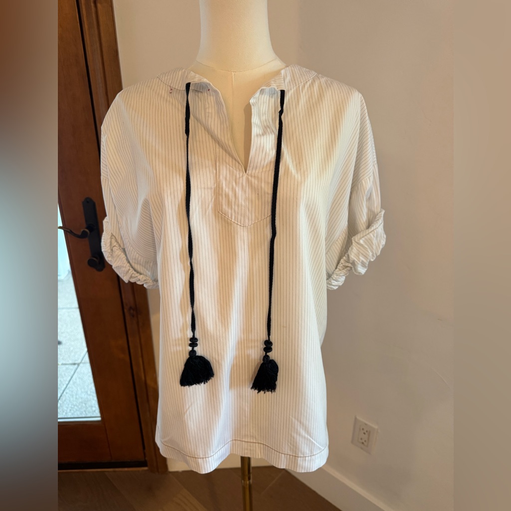 Sandra Weil Mexican Brand White And Blue Stripe Shirt With Short Sleeve Size 6